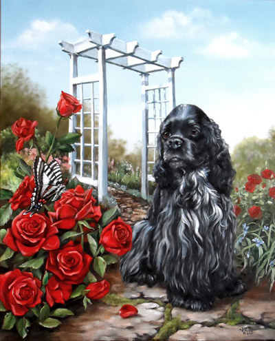 2015 - PIXIE WITH ROSES - Original Oil painting of an American Cocker Spaniel, 20 x 24"